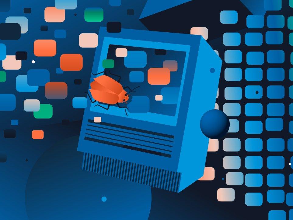Computer with bug icon symbolizing a DDoS attack that disrupts the digital infrastructure and online services of NGOs.