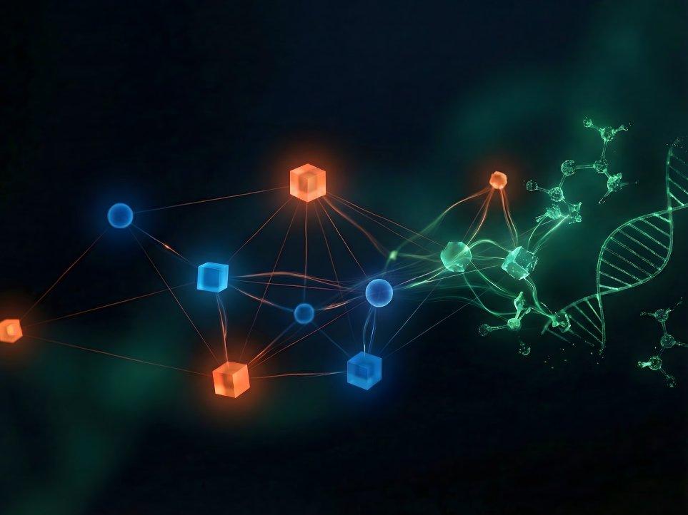 Illustration verschiedener Moleküle in den Factorial Farben orange, blau und grün.