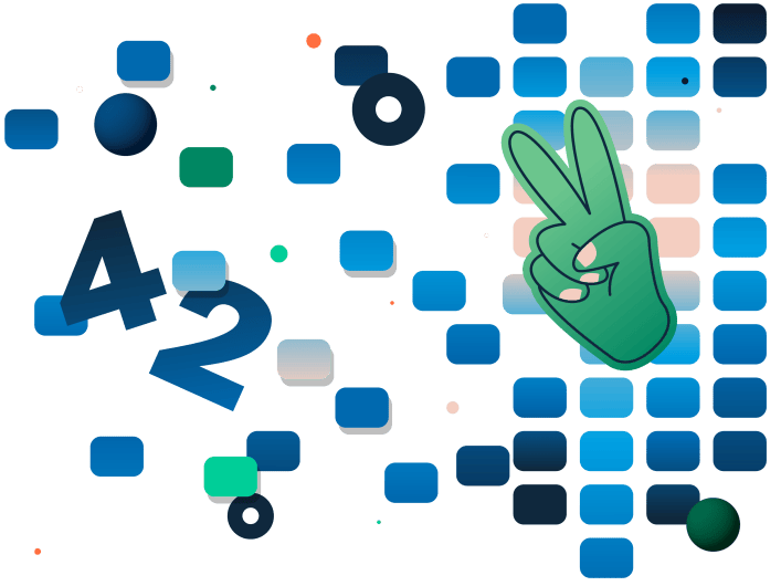 Illustration von kleinen Blöcken mit der Zahl 42 und einem Peace-Symbol, dargestellt durch zwei Finger
