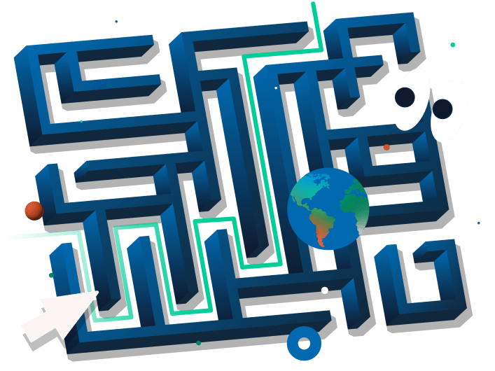 Illustration eines Labyrinths, der Start wird durch einen Maus-Cursor markiert, ein grüner Weg führt zum Ausgang. Über dem Labyrinth schweben eine Weltkugel und Augen die nach links schauen.