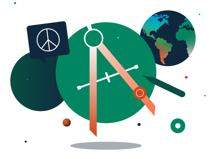 Illustration eines Zirkels auf einem grünen Kreis, umgeben von einer Sprechblase mit Peace-Symbol, einem grünen Stift und einer Weltkugel.