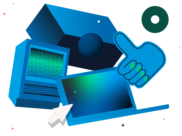 Abbildung eines Oldschool-Computers, eines modernen Laptops, Daumen hoch und eines Klicksymbols zwischen anderen schwebenden Blöcken und Kreisen.