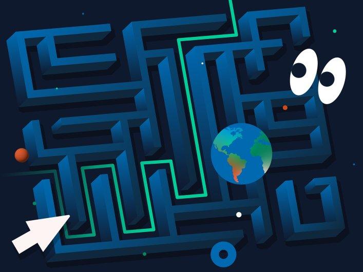 Illustration eines Labyrinths, durch das eine grüne Linie von einem Ende zum anderen führt.