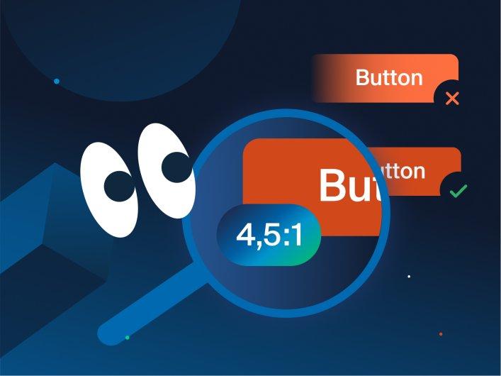 Vergleichsgrafik zur Lesbarkeit von Buttons: Oben ein Button mit zu geringem Farbkontrast, unten ein barrierefreier Button mit ausreichendem Kontrastverhältnis. In der Mitte eine Lupe mit dem Kontrastwert 4,5:1.
