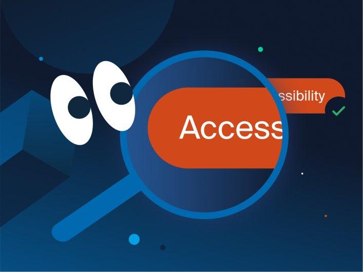 Illustration einer Lupe, die auf einen Button fokussiert ist, auf dem das Wort 'Accessibility' steht.