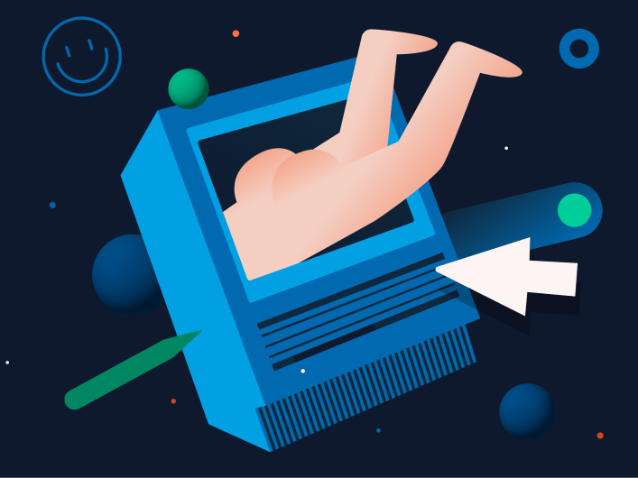 Eine Illustration, die den unteren Teil eines menschlichen Körpers zeigt, der in einen Computer Bildschirm hereinspringt.