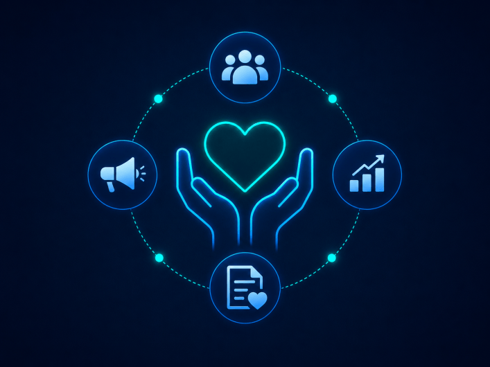 Deutscher Fundraising Verband: Hand mit Herz-Symbol, umgeben von Icons für Kommunikation und Wachstum