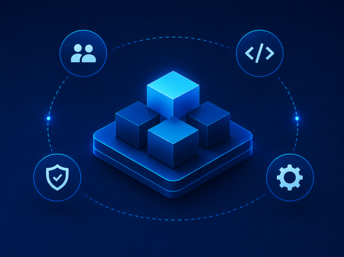Drupal: 3D-Würfelstruktur mit Icons für Nutzer, Code, Sicherheit und Einstellungen
