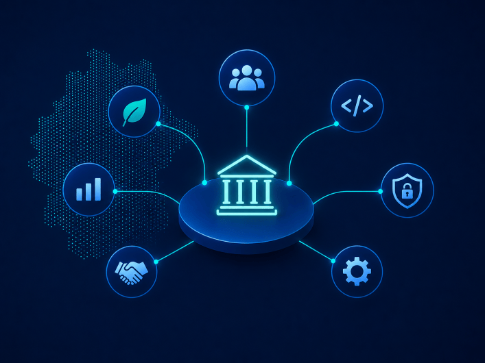 OSBA: Säulengebäude-Icon umgeben von Symbolen für Code, Nutzer, Sicherheit und Einstellungen