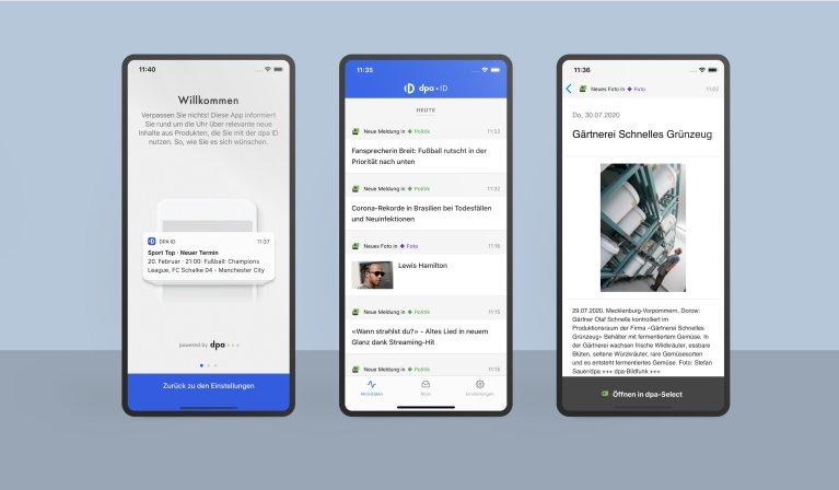 Drei mobile Bildschirme zeigen die dpa-ID-App, die von Factorial für den intuitiven Zugang zu dpa-Diensten wie dpa-Select und dpa-Agenda entwickelt wurde.