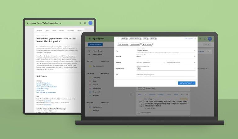 dpa-Agenda App auf Tablet und Laptop, entwickelt von Factorial, bietet Echtzeit-Zugriff auf Nachrichten mit einem optimierten und skalierbaren Interface-Design.