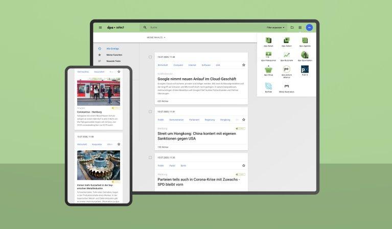 Desktop and mobile screens with the dpa-select app, offering personalized content, an intuitive user interface, and seamless integration with dpa services.