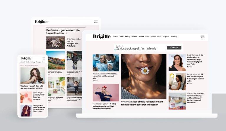 Laptop-Screenshot der Brigitte.de-Website mit verschiedenen Artikeln und einem Fokus auf Lifestyle-Themen.