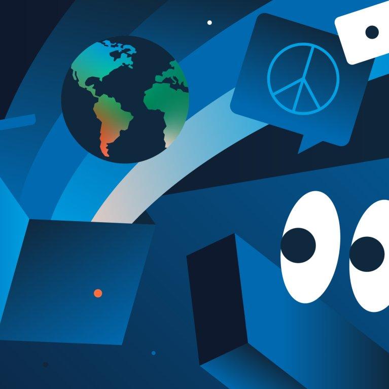 Illustration einer Box aus der eine Weltkugel und zwei Sprechblasen fliegen, auf einer das Peace-Symbol. Die Box ist umgeben von einem Notebook, Maus-Cursor, Augen die nach links schauen und einem Prozessor.