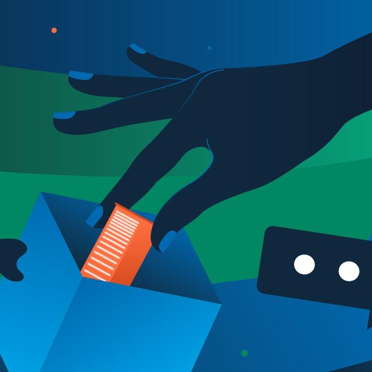Illustration of a black hand pulling a ruler out of a box, surrounded by a globe, a cup of black liquid, a mouse cursor and a speech bubble.