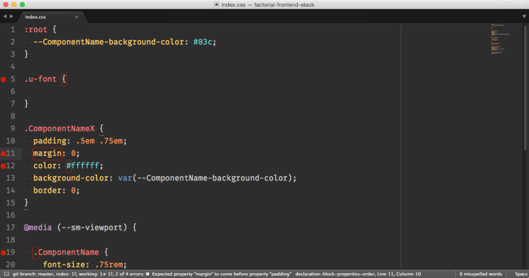 Putting it all together: Working with SublimeText and the activated stylelint plugin. If you look closely, you can see the red dots and status messages of the linter.