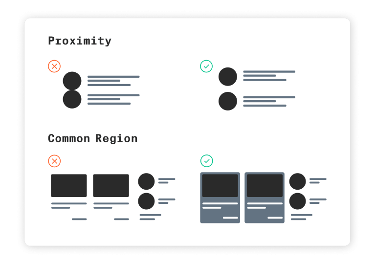 Illustration shows UX design principles: closely positioned elements connected by a shared area.