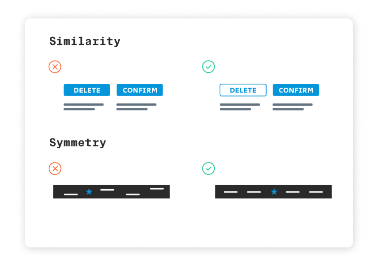 Illustration shows the UX design principle of similarity and symmetry with various geometric shapes.