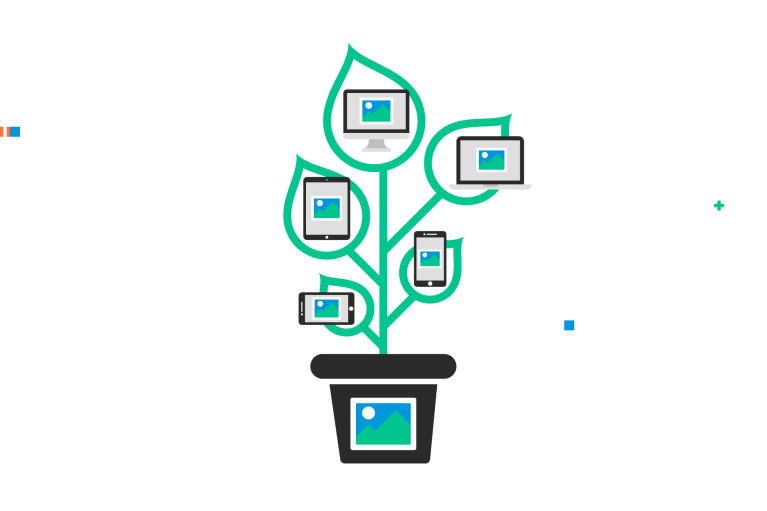 A plant in a flower pot, with leaves symbolizing screens of devices, to represent sustainable web development.
