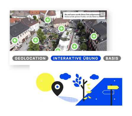 Interaktive Elemente und Plattform-Features von dpa Factify, dargestellt in einem übersichtlichen, digitalen Dashboard-Design.
