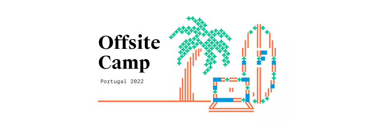 Bild mit einer Palme, einem Laptop und einem Surfbrett, illustriert in den Factorial-Farben und hergestellt aus Bauklötzen