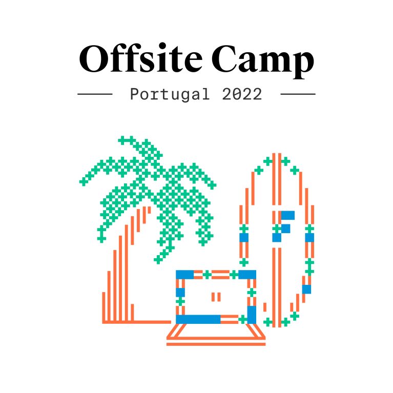 Bild mit einer Palme, einem Laptop und einem Surfbrett, illustriert in den Factorial-Farben und hergestellt aus Bauklötzen