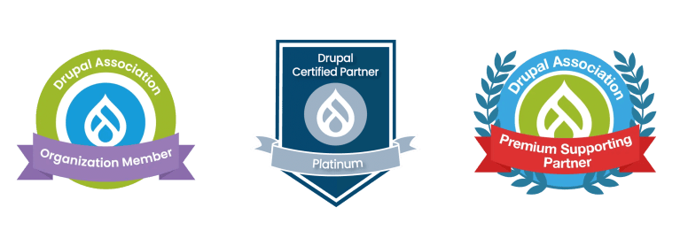 Three gold badges from the Drupal Association: Organization Member, Certified Platinum Partner, Premium Supporting Partner.