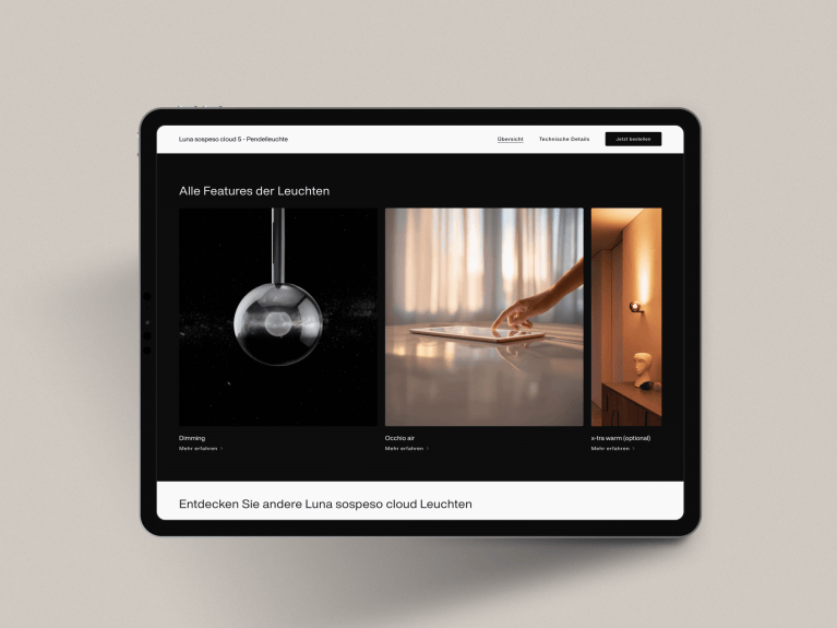 Es ist ein Tablet zu sehen, das auf dem Display die Website von Occhio zeigt.