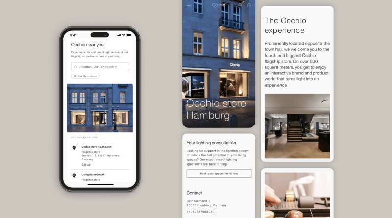 Bild zeigt mehrere Smartphones, die auf ihren Bildschirmen verschiedene Bereiche der Occhio-Website zeigen.