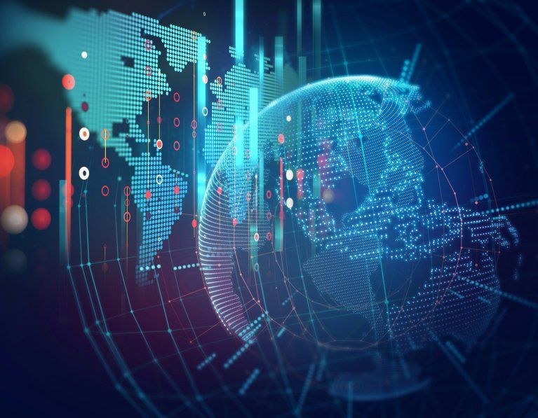 Digitale Weltkarte mit vernetzten Datenpunkten für eine globale Pharma-Webplattform in 40+ Märkten
