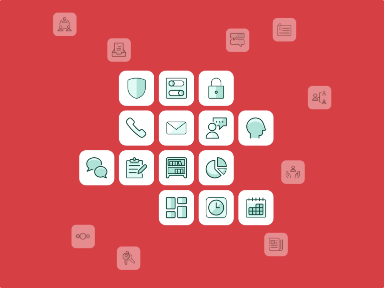 Eine rote Fläche mit verschiedenen UI-Icons in Kacheln als Teil der JOCI Leistungen.