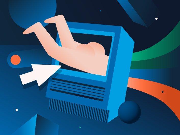 Eine Person, die in einen alten Computer springt