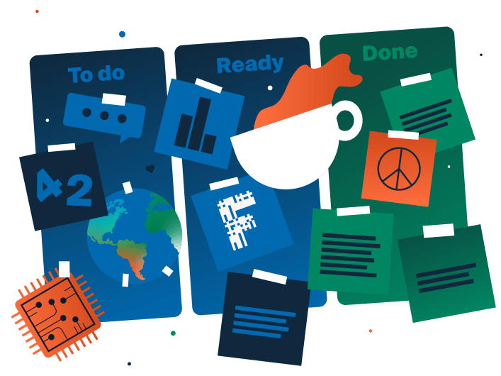 Illustration eines Scrum-Boards mit den Spalten “To do”, “Ready” und “Done”. Die Spalten sind gefüllt mit Haftnotizen: Sprechblase, Zahl 42, Prozessor, Balkendiagramm Factorial-Logo, Peace-Zeichen und weitere Notizen mit stilisiertem Text. Über dem Board schwebt eine Tasse mit roter Flüssigkeit.