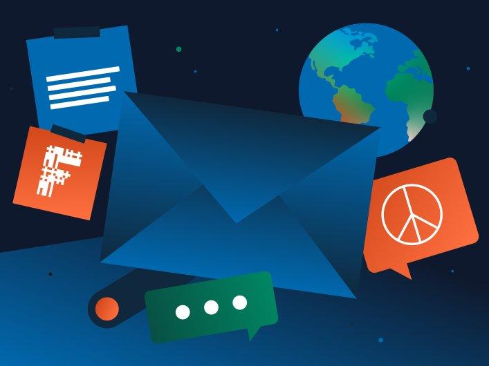 Illustration von Messaging-Elementen, darunter das Factorial-Firmenlogo, ein Globus und ein Briefumschlag