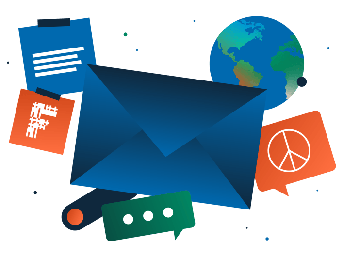 Illustration eines blauen Umschlags, umgeben von Haftnotizen, eine mit dem Factorial-Logo, einer Weltkugel und Sprechblasen, eine mit dem Peace-Zeichen.