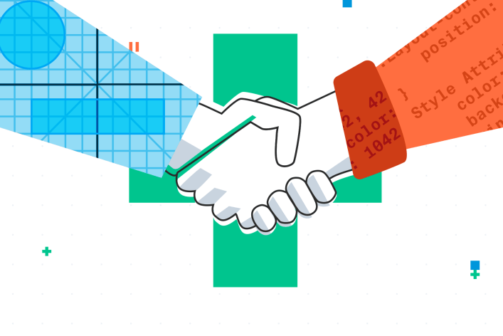 Two hands shaking over a cross, symbolizing collaboration in web development.