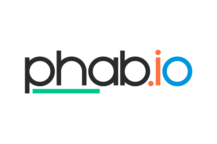 Logo of phabalicious, which are the letters phab.io in the factorial colors green, dark grey, orange and blue