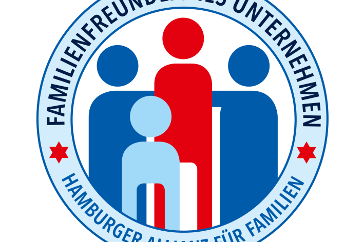 Das digitale Emblem des Hamburger Familiensiegels auf einem Quadrat mit weißen und roten Elementen.