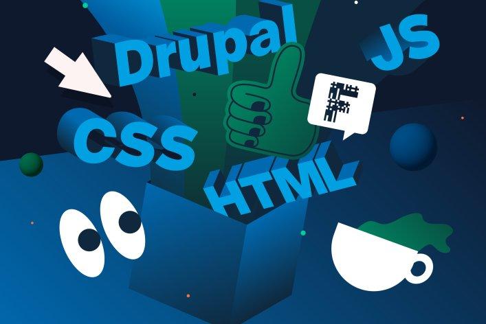 Illustration mit den Wörtern JS, Drupal, HTML und CSS in 3D-Schrift und einem Daumen-Hoch mit Factorial-Sprechblase die aus einer Box fliegen, umgeben von einem Maus-Cursor, Augen die nach links schauen und einer Tasse mit grüner Flüssigkeit.