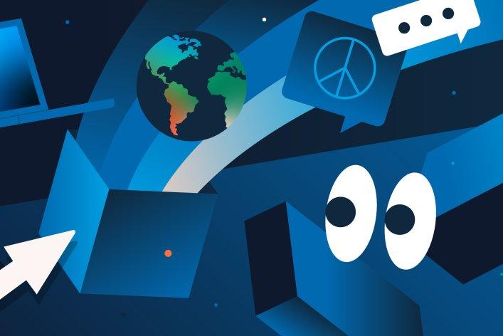 Illustration einer Box aus der eine Weltkugel und zwei Sprechblasen fliegen, auf einer das Peace-Symbol. Die Box ist umgeben von einem Notebook, Maus-Cursor, Augen die nach links schauen und einem Prozessor.