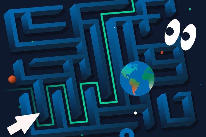 Illustration eines Labyrinths, durch das eine grüne Linie von einem Ende zum anderen führt.