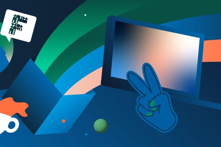 Illustration mit einem fliegenden, geöffneten Computer vor einem Regenbogen, der aus einer Box raus leuchtet, umgeben von einem Globus mit Factorial-Logo-Sprechblase, einer Tasse mit Tee, V-Handzeichen und Augen die nach links schauen.