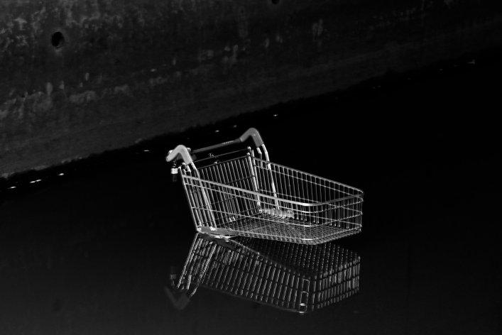 Einkaufswagen, der im Wasser steht.