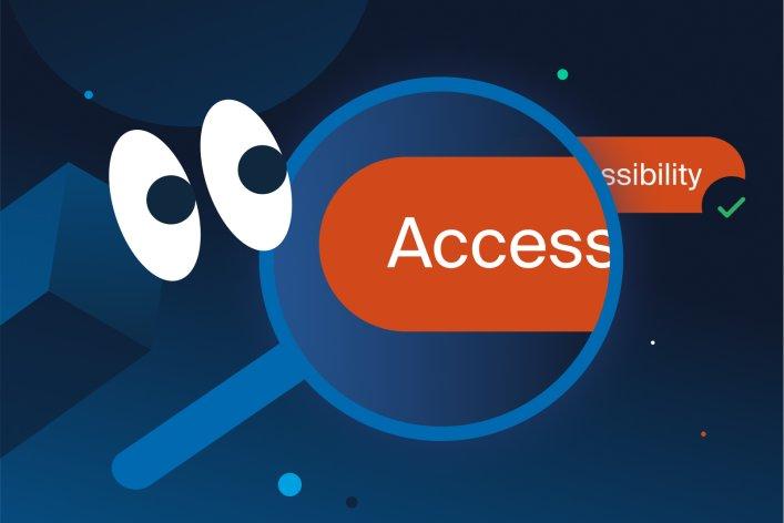 Illustration einer Lupe, die auf einen Button fokussiert ist, auf dem das Wort 'Accessibility' steht.