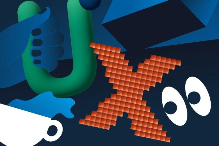 Illustration mit verschiedenen Elementen, darunter einer Tasse, den Buchstaben UX und einem Quadrat