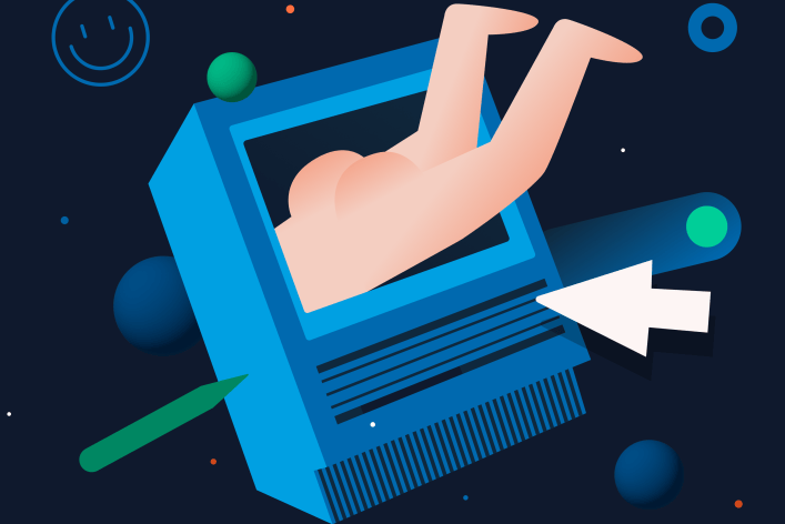 Eine Illustration, die den unteren Teil eines menschlichen Körpers zeigt, der in einen Computer Bildschirm hereinspringt.