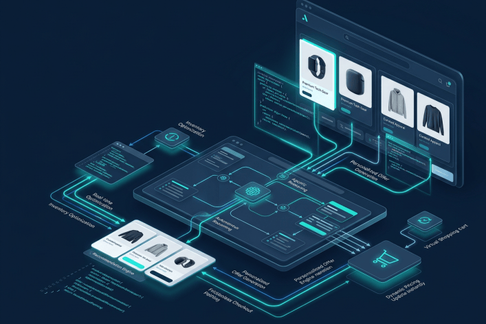 Darstellung eines visualisierten digitalen Ökosystems, das Agentic Commerce symbolisiert.