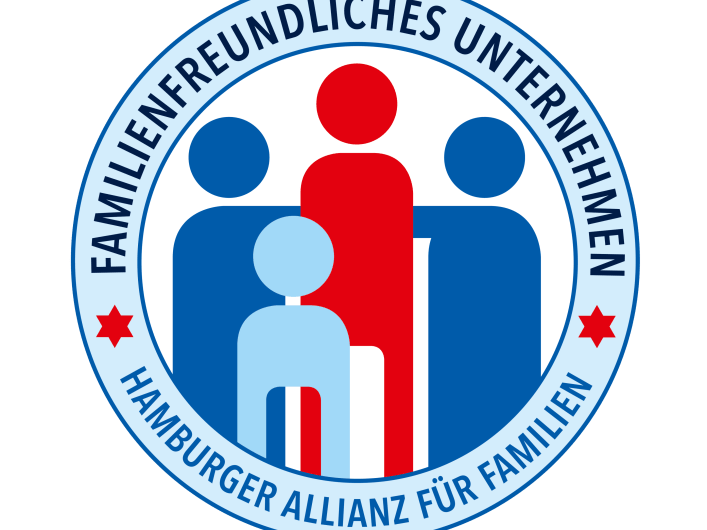 Das digitale Emblem des Hamburger Familiensiegels auf einem Quadrat mit weißen und roten Elementen.