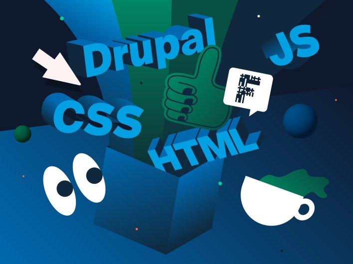 Illustration mit den Wörtern JS, Drupal, HTML und CSS in 3D-Schrift und einem Daumen-Hoch mit Factorial-Sprechblase die aus einer Box fliegen, umgeben von einem Maus-Cursor, Augen die nach links schauen und einer Tasse mit grüner Flüssigkeit.