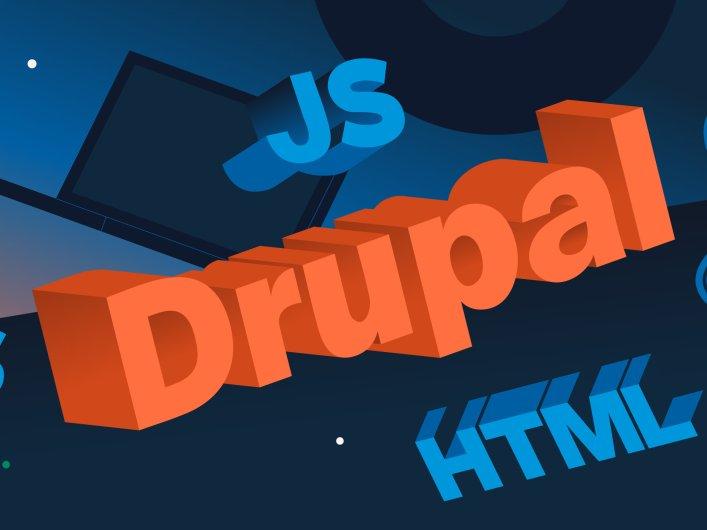 Illustration with the words Drupal, CSS, HTML, and JS